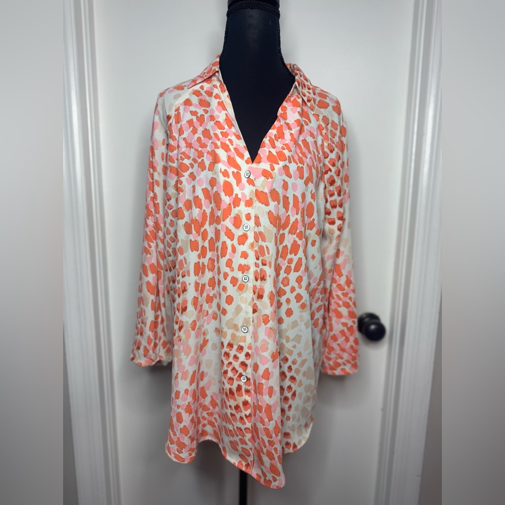 CAbi Vibrant Orange and Cream Button Up Long Sleeve Size Medium